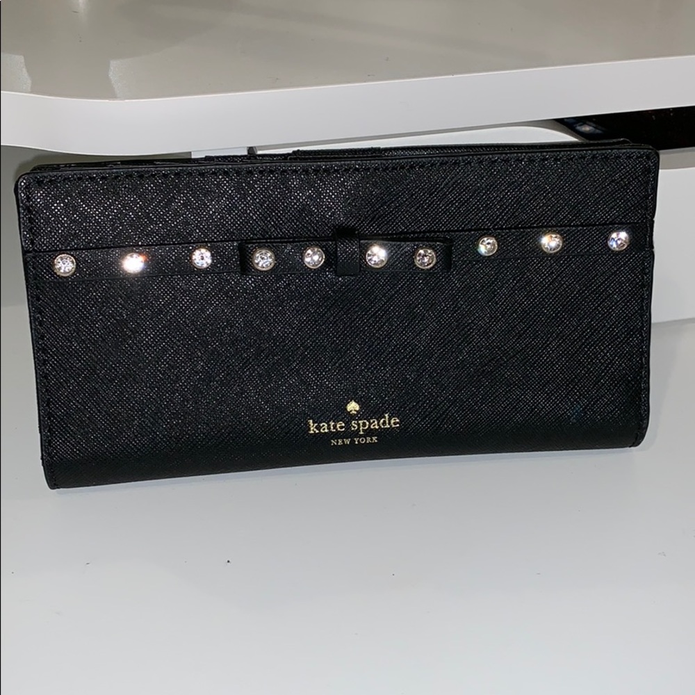 kate spade black leather wallet with crystal row